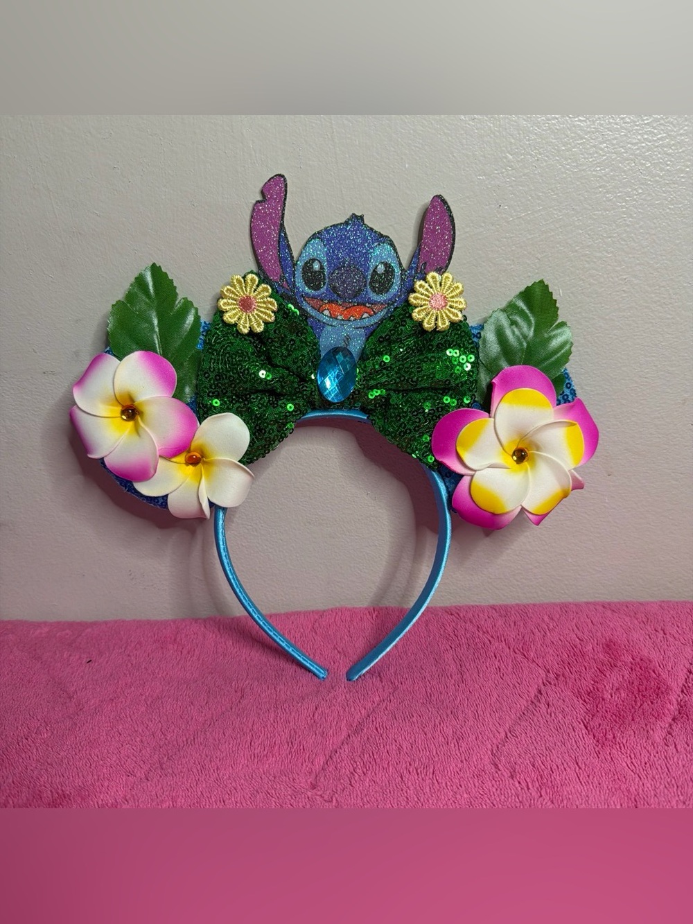 Stitch Disney-Inspired Sequin Floral Ear Headband - Blue & Green